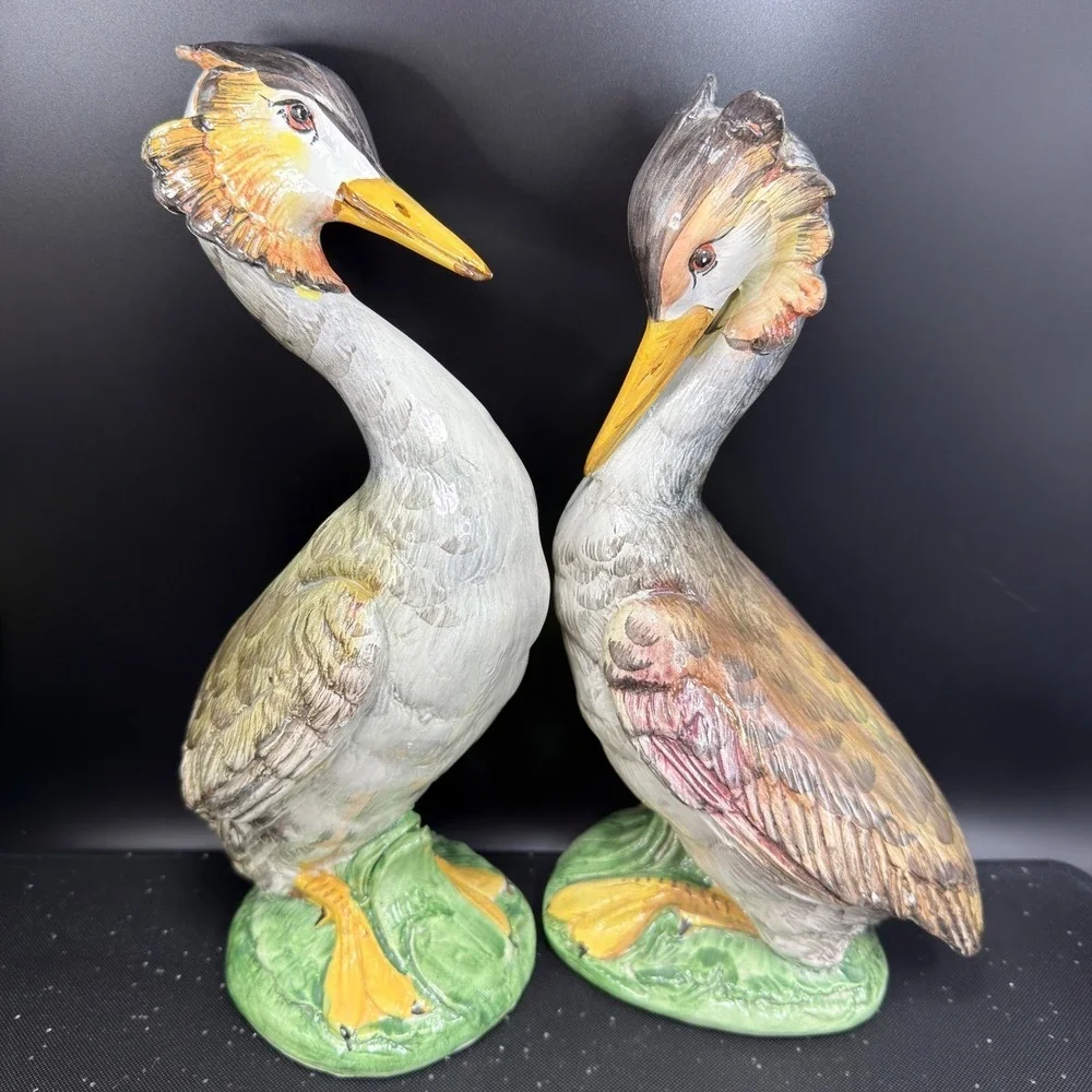 Italian Grebe Water Bird Figurines Set Majolica Stork Crane Hand Painted Italy